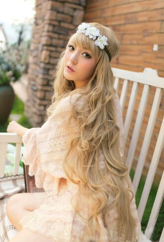 H035 Womens Fashion Princess Light Golden Long Wave Curly Cosplay Wig